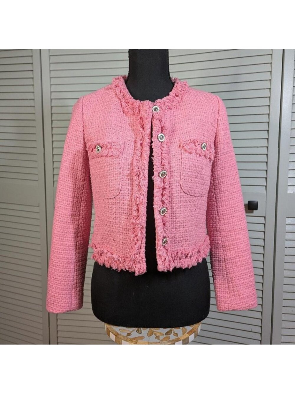 vintage Pink tweed button up blazer jacket